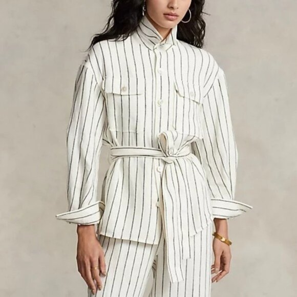 Polo Ralph Lauren Belted Striped Linen Utility Shirt Size 2 NWT - Picture 1 of 8